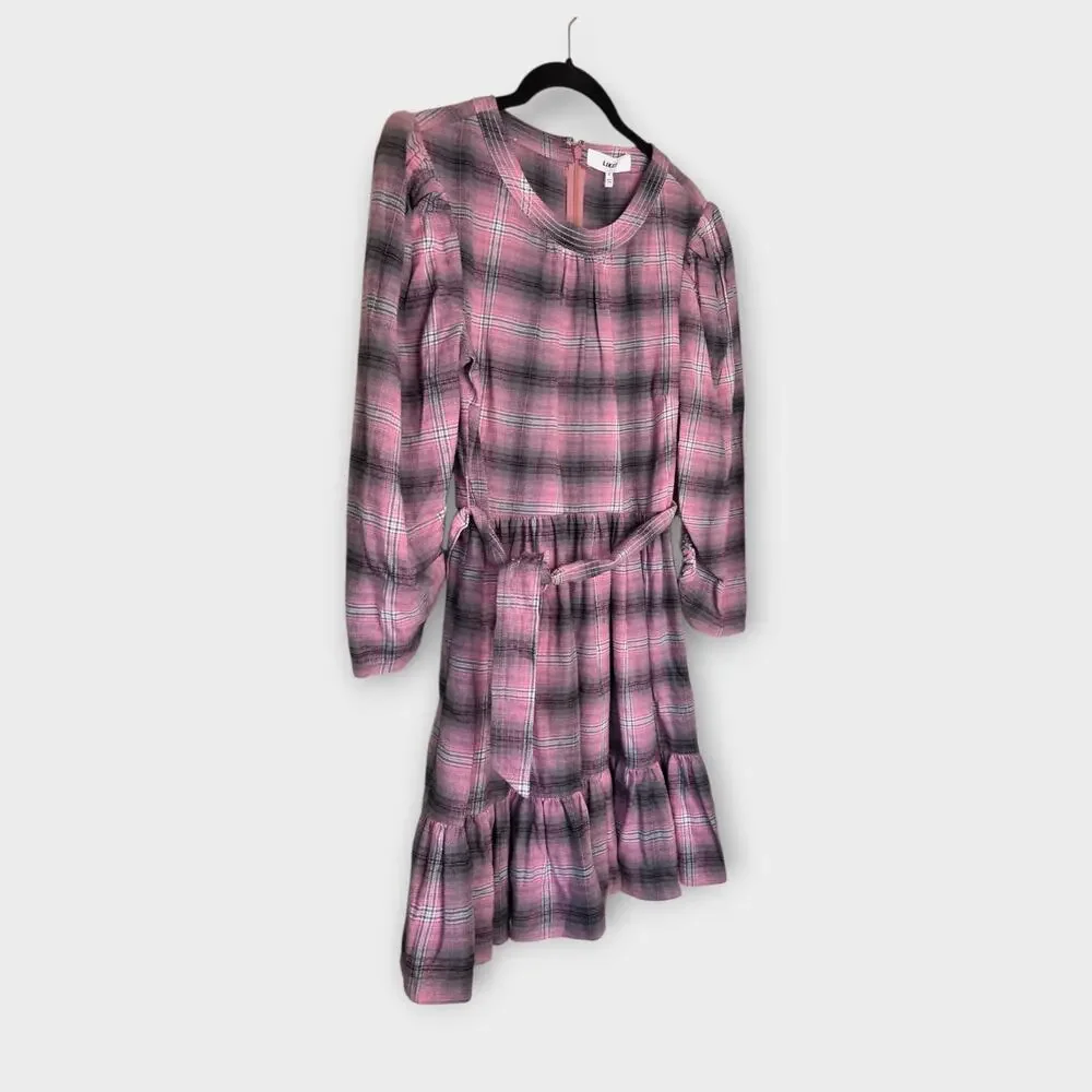 NEW LIKELY Griffyn Pink Plaid Mini Dress Tie Waist Ruffle Hem Women's 8